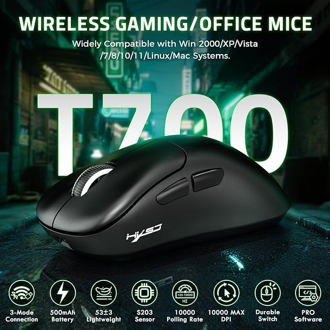 ZIYOU LANG × HXSJ T700 Wireless Gaming Mouse,Adjustable 10K DPI 1K Optical Sensor,2.4G/BT/USB-C Rechargeable 6 Programmed Buttons,56g Lightweight Right-Handed Ergonomic Computer Mice for PC/Mac-Black