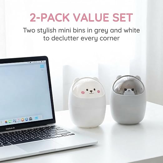 Yesland 2 Pack Desktop Mini Trash Bin with Swing Lid, Cute Bear Plastic Wastebasket Trash Can Countertop Garbage Storage Bucket for Home, Office, Kitchen, Vanity Tabletop, Bedroom, Grey & White