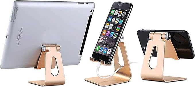 Phone & Tablet Stand Adjustable Multi‑Angle Aluminum Phone & Tablet Stand Non‑Slip Dock/Cradle/Charging Station for Desktop, Bed, Kitchen, Office (Gold)