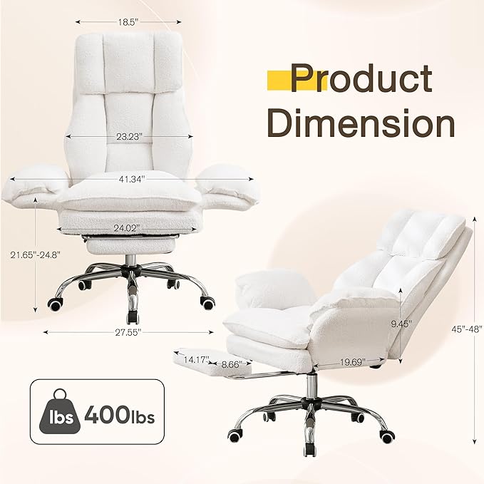 Ergonomic Cloud Cross Legged Office Chair with Footrest,Teddy Fleece Big and Tall Executive Chair with Wheels,Reversible Armrest,155° Reclining Computer Wide Desk Chair for Home,Office (Beige)