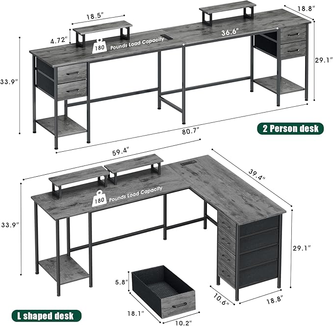 Korfile 59 inch L Shaped Computer Desk with Power Outlets, Home Office Desk with 4 Adjustable Storage Drawers & 2 Monitor Stands, Two Person Gaming Table for Bedroom, Grey