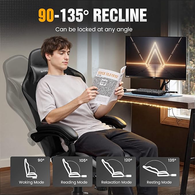 GTPLAYER Gaming Chair with Foot Rest & Pocket Spring Cushion, Ergonomic High Back Computer Chair with Headrest & 360°-Swivel Seat for Home Office Desk, PU Leather, Gray