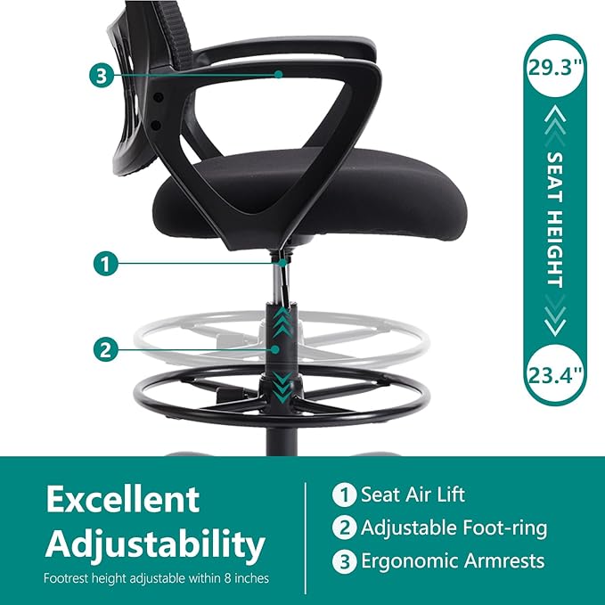 DUMOS Drafting Chair - Counter Height Adjustable Tall Office Desk Chair with Fixed Armrests and Comfortable Lumbar Support for Standing Desk, Deep Black