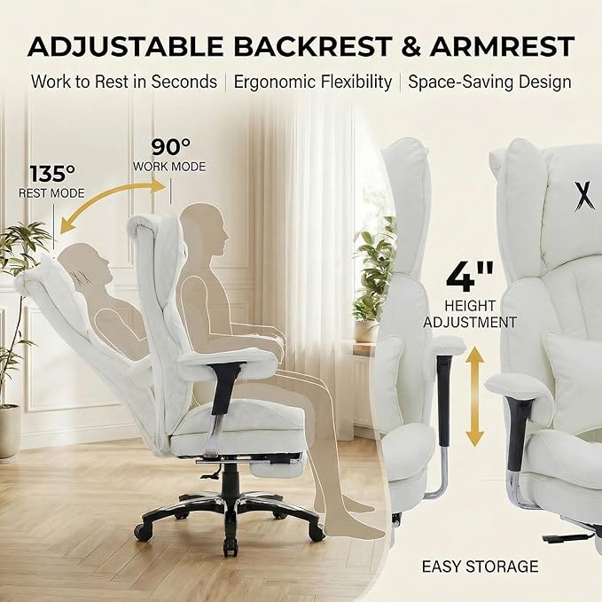 Efomao White Executive Office Chair with Footrest, Big and Tall 400lbs Extra Wide High Back Chair, Plush Pocket Spring Cushion for Home Office, Reclining Desk Chair with Large Padded Armrests