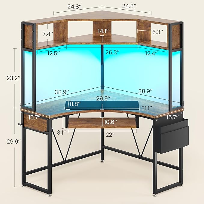 SEDETA Corner Desk, Small Computer Desk with Hutch & LED Lights, Triangle Corner Computer Desk with Keyboard Tray, Storage Bag, and Headphone Hook for Small Space, Home Office Desk, Rustic Brown