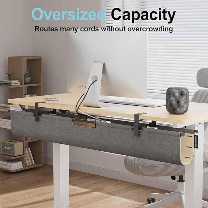 2-in-1 Under Desk Cable Management Tray & Privacy Panel, Dual-Sided Felt Cord Organizer to Hide Wires and Clutter, Desk Mount Cord Holder for Office and Home, Clamp or Screw Mount (Gray/Khaki, 45.2")