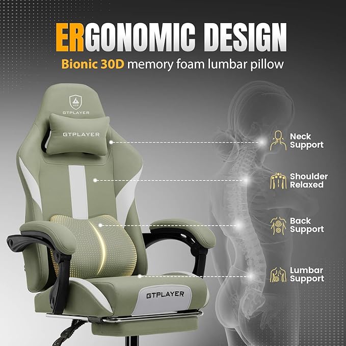 GTPLAYER Gaming Chair with Foot Rest & Pocket Spring Cushion, Breathable Fabric for Home Office Desk, Ergonomic High Back Computer Chair with Headrest & Lumbar Support, Green