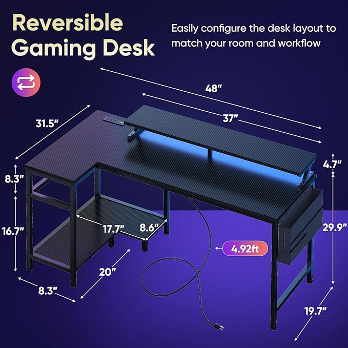 DUMOS Gaming Desk, Computer Desk with USB Charging Ports, Power Outlets, Type-C and LED Lights, Reversible L Shaped Desk with Storage Shelves & Monitor Stand for Office Gaming Room Black 48IN