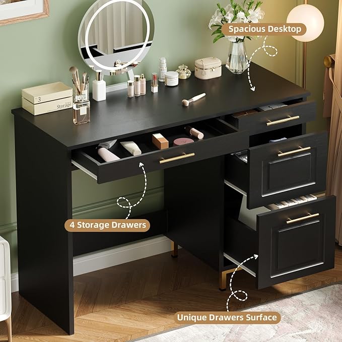 4 EVER WINNER Black Desk with Drawers, 43 Inch Writing Desk with Storage File Cabinet and Golden Handle, Home Office Desk for Bedroom, Black