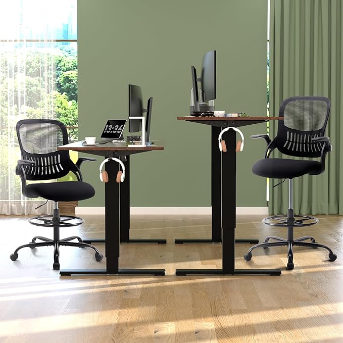 DUMOS Drafting Chair with Flip-up Arms, Tall Office Standing Desk Chair with 360° Rolling Chair, Counter Height Adjustable Ergonomic Mesh Computer Chair, New Black
