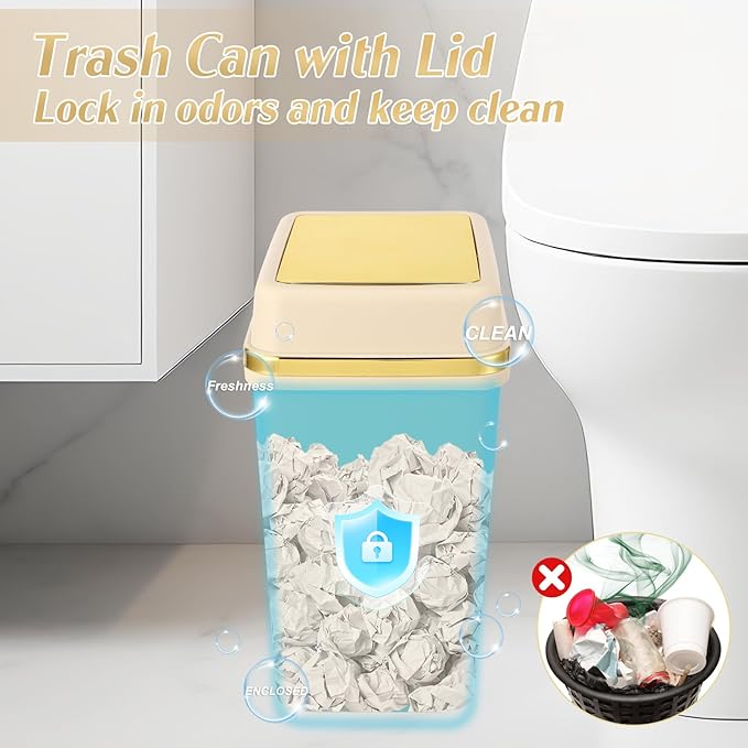 Bathroom Trash Can with Lid 4 Gallon Small Trash Can with Swing Lid Black/White/Beige Bathroom Garbage Can with 225 Counts Trash Bags for Kitchen Bedroom Office