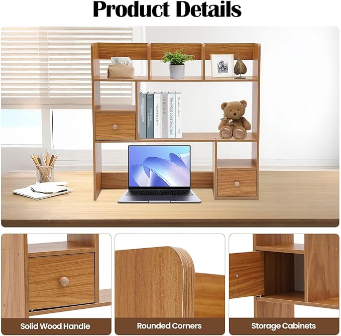 Desktop Hutch Bookshelf, 31.5 Inch Desktop Organizer Shelf with 2 Drawers & 7 Shelves, Desk Display Rack Desk Shelf for Home Office Dorm (Pine Color)