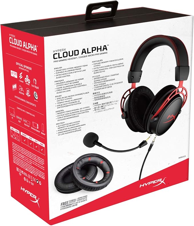 HyperX Cloud Alpha Gaming Headset Headphone Wired Detachable Noise Cancelling Microphone Dual Chamber Drivers Memory Foam Over-Ear Soft Leatherette for PC Xbox Nintendo Switch PS4 Black Red (Renewed)