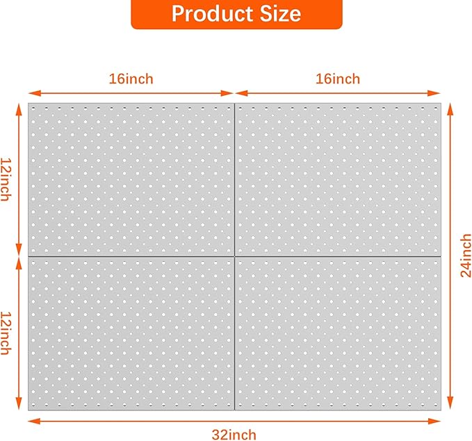 TORACK 4 PCS 12"x16" Metal Pegboard Panels for Garage, Workbench, Shop, Tool Organizer Peg Board with 1/8" & 1/4" Holes, Modular Wall-Mounted Pegboard for Pegboard Hooks (Grey)