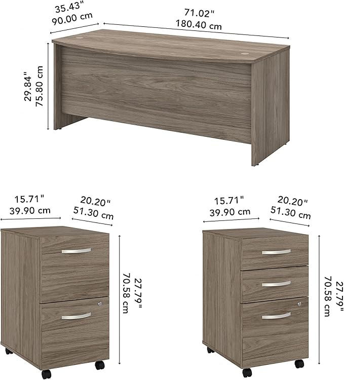 Bush Business Furniture Studio C 72W x 36D Bow Front Desk with Mobile File Cabinets in Modern Hickory