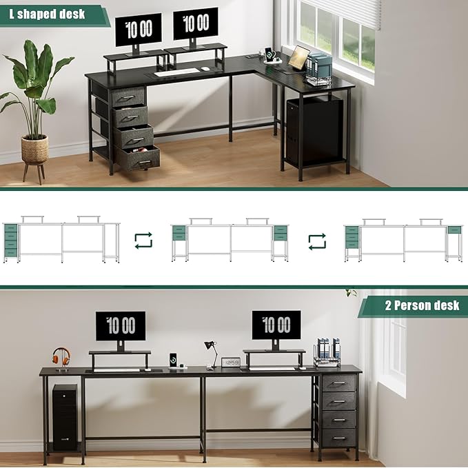 Korfile 66" L Shaped Computer Desk, 94.4'' Home Office Desk with Power Outlets, 4 Adjustable Storage Drawers & 2 Monitor Stands, Large Two Person Gaming Table for Writing Study, Black