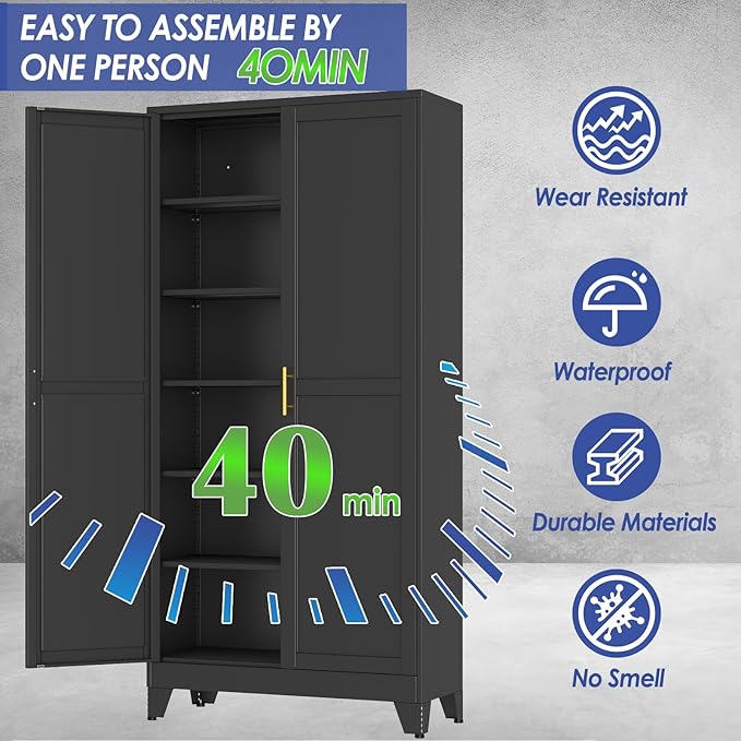 75" Metal Storage Cabinet with Adjustable Leveling Foot,Garage Storage Cabinets with 2 Doors and 5 Adjustable Shelves, Black Steel Cabinet for Office,Home,Garage (Widen)