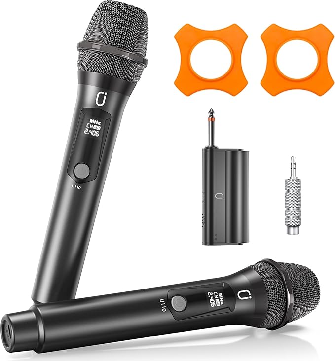 Wireless Microphones, Two Rechargeable Bluetooth 5.3 Microphones for Karaoke Singing, Rechargeable Dynamic Mic System with Receiver for Church, Party, Meeting, Speech, PA System, Plug and Play (Gray)