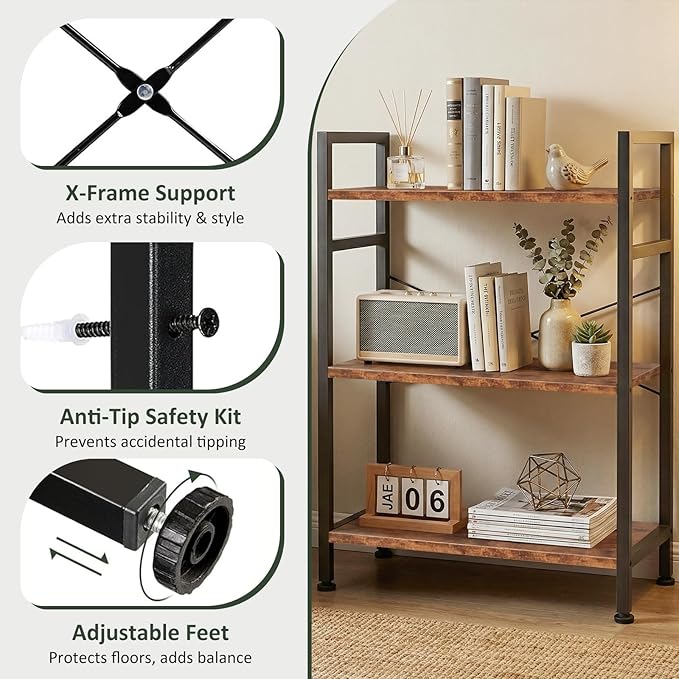 3 Tier Bookshelf, Free Standing Wooden Bookcase with Open Storage Shelves with Metal Frame, Sturdy Shelf Organization Display Rack for Living Room, Bedroom, Home Office, 27.6" Tall, Brown