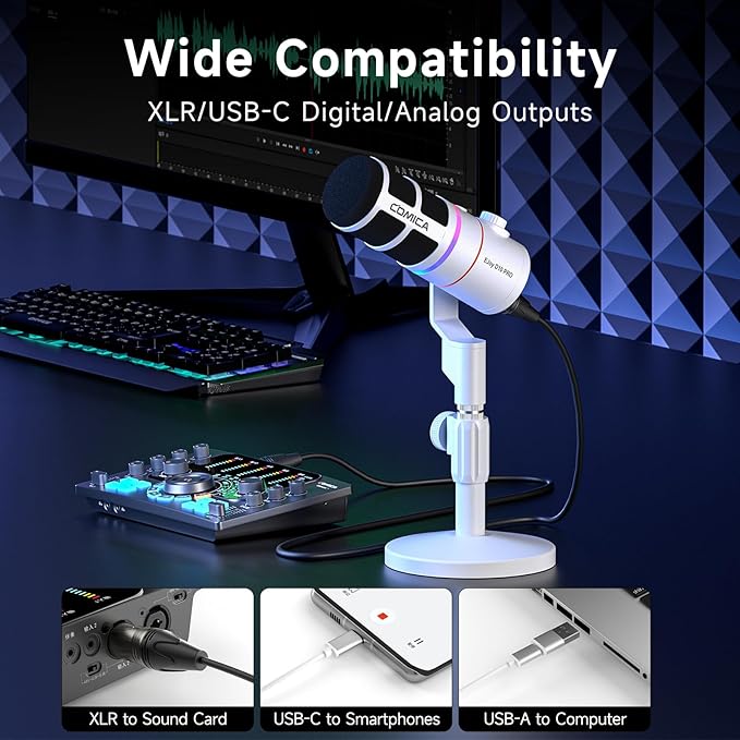 EJoy D10 PRO(D) COMBO Dual-Channel Wireless USB Gaming Microphone – RGB Dynamic Mic with Wired/Wireless Modes, XLR/USB-C, Real-Time Monitoring, Studio Mic for Streaming, Podcast, Recording (White)