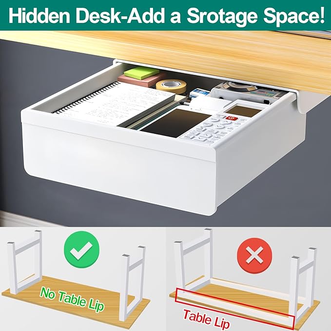 SVNNELP Under Desk Table Drawer Storage Organizer, Slide Out Drawer with 4 Compartments Divider,Pencil Storage Self-Adhesive Tray Under Table (M/White+White)