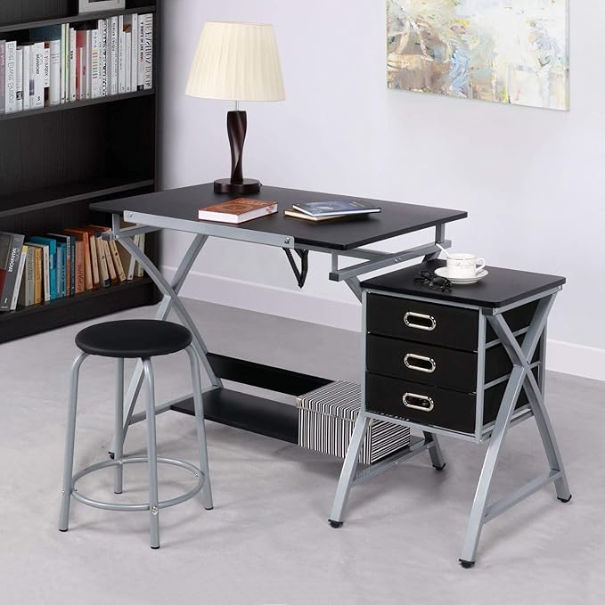 Topeakmart Drafting Tables, Draft Drawing Desk w/Stool and Tiltable Tabletop, 3 Storage Drawers, Reading, Writing Art Crafting Workstation, Black