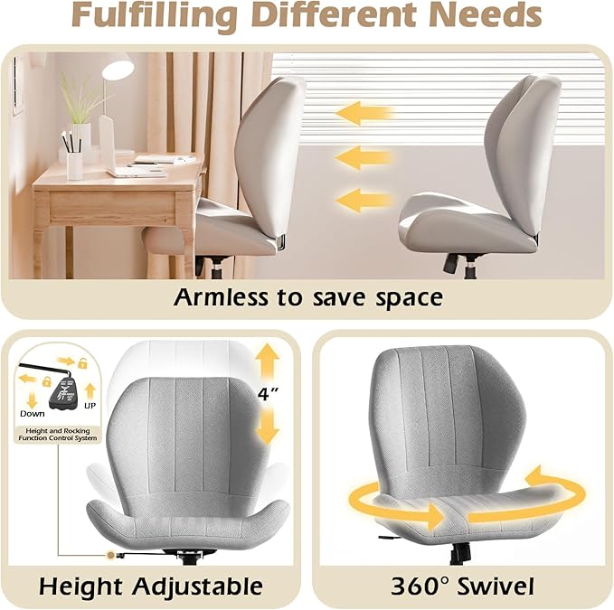 ZZW Criss Cross Chair with Wheels, Wide Cross Legged Office Chair Armless Comfy Desk Chair with Tall Back Vanity Chairs with Stress Relief Curved Design Seat for Bedroom & Office & Home Grey