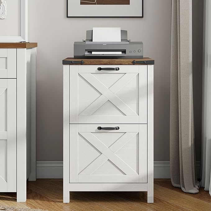 Vabches Vertical File Cabinet with 2 Drawers, Wooden Farmhouse Filing Cabinet for Letter/A4 Size Hanging Files, Under Desk Printer Stand with Storage for Home Office, Rustic White