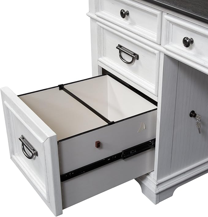 Liberty Furniture Allyson Park Opt L Shaped Desk Set with Locking File Drawer Cottage Home Office Storage - Wirebrushed White, Charcoal Tops Oak Wood