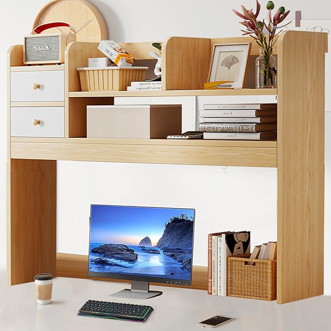 Desktop Bookshelf,Countertop Storage Hutch with 4 Shelves for Dorm Office Home,Wooden Hutch Bookshelf,Computer Bookcase 36.6in (Wood Color)