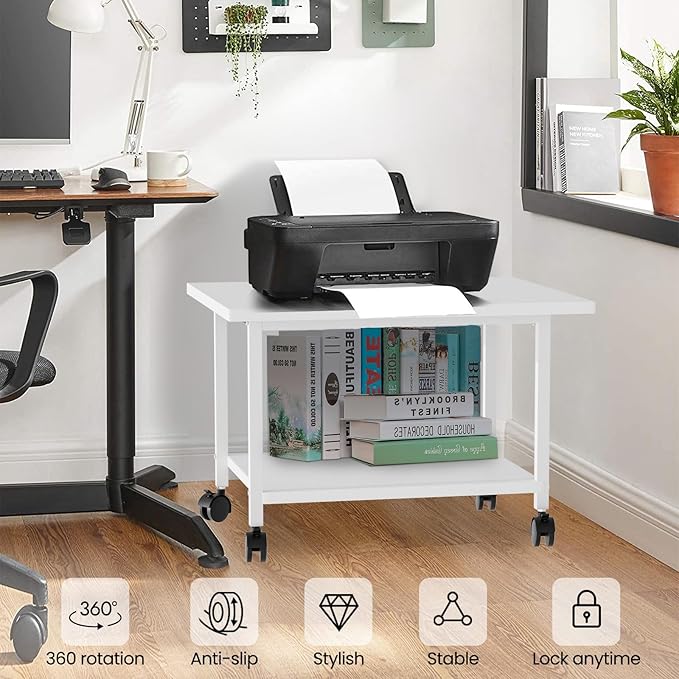 SwaaVee Printer Stand with Storage Under Desk Shelf, Desktop Printer Stand Organizer, Rolling Printer Cart Storage Paper Files Holder for Desk, Office, Home, (White)