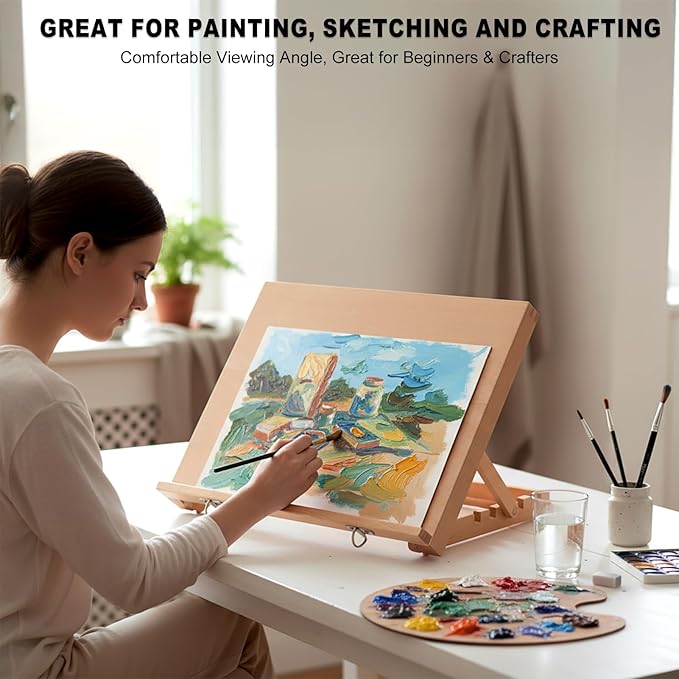 Tabletop Easel for Painting, 16.5"x12" Adjustable Portable Beechwood Drawing Board with Detachable Strap, Art Easel Includes Art Painting Papers, Sketch Papers and Masking Tape, Ideal for Diamond Art