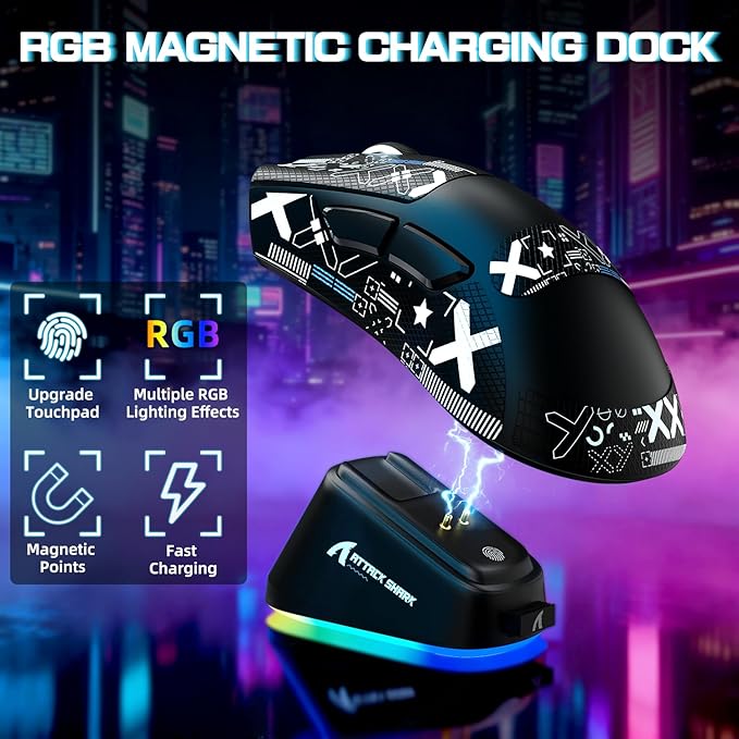 ATTACK SHARK V3PRO Wireless Esports Gaming Mouse with Magnetic Charging Dock:62g Lightweight-1K Polling-25K DPI-PAW3311 Sensor,Wired/BT/2.4Ghz Programmable,BK52820 IC for PC Laptop Gamer(Black+Tape)