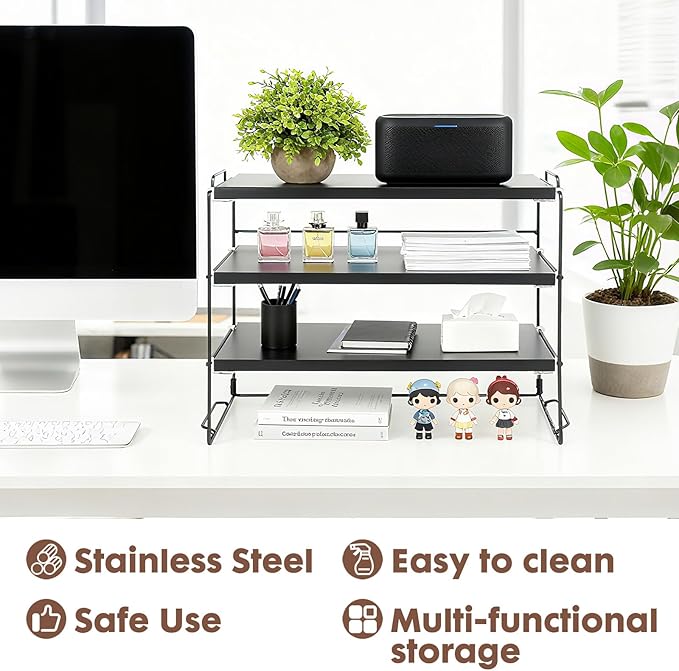 PowerKing Desk Shelf Organizer, 3-Tier Desktop Shelves with Wood Board, Adjustable Bookshelf Storage Rack for Home Office School Study Room (Black Frame + Black Wood)