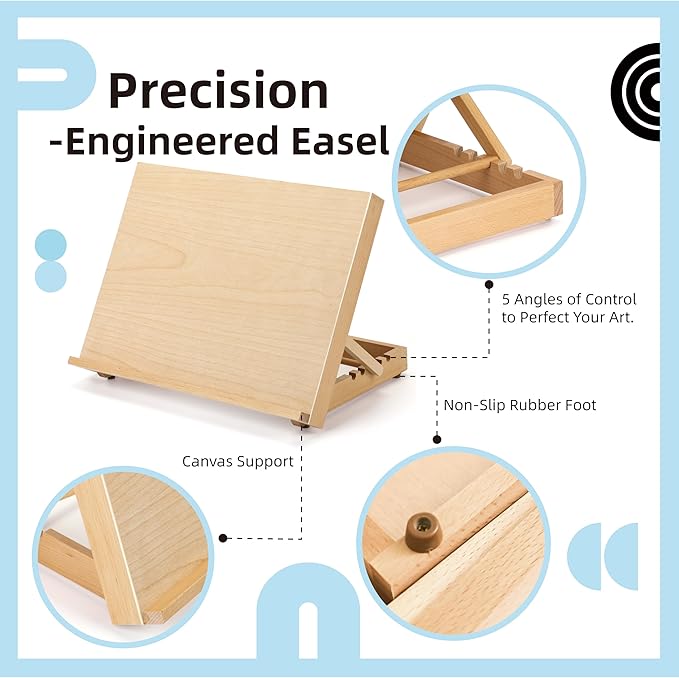 Adjustable Wood Tabletop Easels for Painting and Drawing Supplies - Portable Drafting Table & Art Stand, 5-Position Desk Easel with Smooth Art Board for Studio Sketching (16.5" x 12.5")