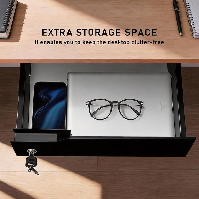 Under Desk Drawer Storage with Lock, Metal Undermount Table Drawer, Ball Bearing Slides Out Tray Organizer for Paper, Pencil, and Laptop 16"x11.8"x3.6", Black