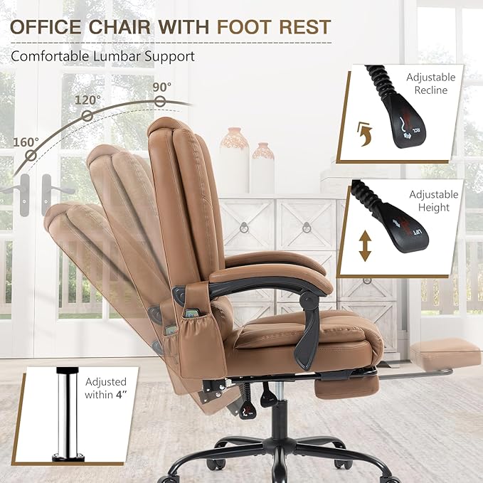 6-Point Heated Massage Office Chair with Footrest, Ergonomic Home Desk Chair with Lumbar Support, Executive High Back PU Leather Computer Chair with Armrest & Reclining, Brown