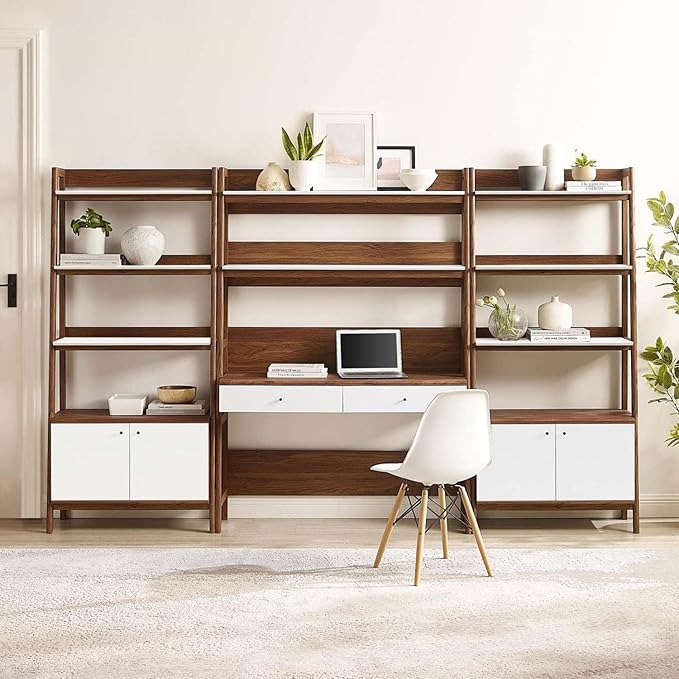 Modway 3-Piece Home Office Desk and Bookshelf Display Case in Walnut White