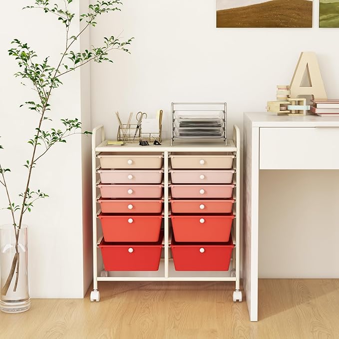 Moccha 12-Drawer Rolling Storage Cart - Utility Cart on Wheels with Lockable Casters for Craft Art Supply Paper Salon, Mobile Drawer Carts for Classroom Teacher School Office (Gradient Pink)