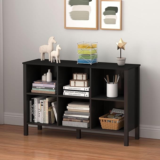 6-Cube Bookcase, Farmhouse Wooden Bookshelf Low Storage Organizer, 45" Horizontal Black Console with Legs, Hallway Book Case for Entryway, Display Cabinet for Living Room (Black, 6-Cube)