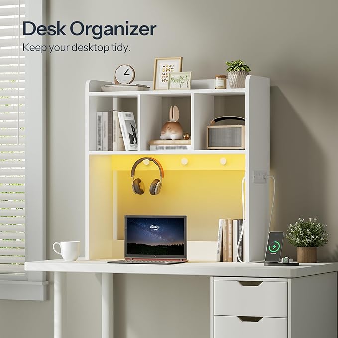 HOOBRO Desktop Bookshelf, Office Desktop Shelf, Desk Hutch with Outlets, Wooden Office Desktop Bookcase, Desktop Organizer Shelf with LED Light Strip and 3 Hooks, for Home, Study, White WT12UDSJ01