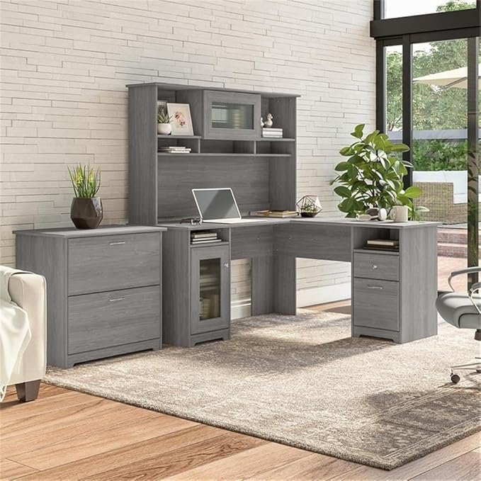 Pemberly Row L Shaped Desk with Hutch and File Cabinet, Modern Gray Engineered Wood, 60W, Built-in Wire Management, Fluted Glass Door, Adjustable Shelves, Home Office Furniture Set