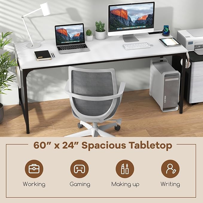 Tangkula 60" Conference Desk Set of 2, Modern Boardroom Desk with Storage Bag, Headphone Hook, Sturdy Metal Frame, Rectangular Seminar Table with Charging Station