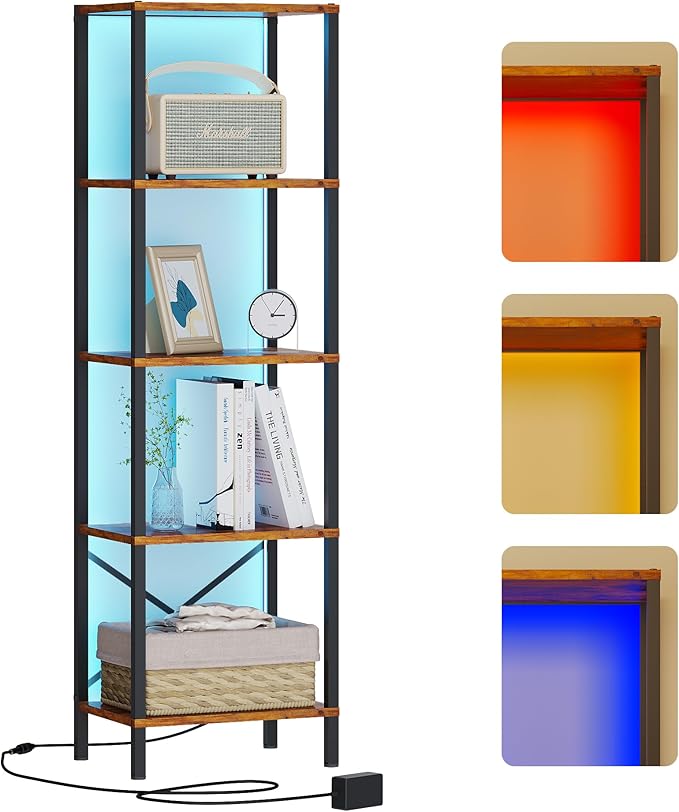 JARHETUN 5-Tier Bookshelf, Tall Narrow Bookcase with LED Lights, Book Shelf with Steel Frame, Office Furniture, Display Storage Shelf for Living Room, Bedroom, Study, Balcony, Rustic Brown