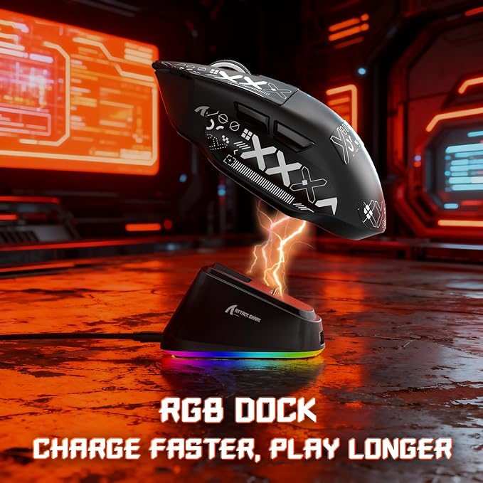 MAMBASNAKE×Attack Shark V6 65g Lightweight RGB Gaming Mouse with Magnetic Charging Dock, BT/2.4G Wireless/Wired 1K Polling Rate, 25K DPI, Programmable Mice for PC/Mac/Laptop(Black&Stickers)