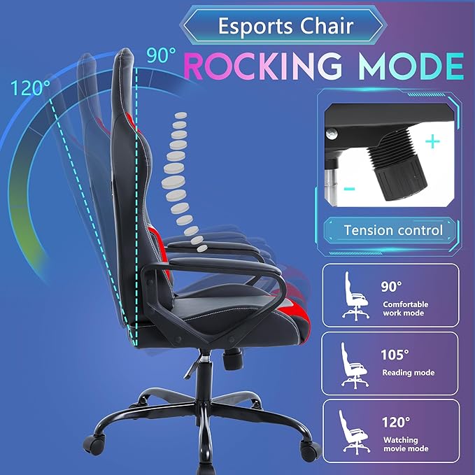 PayLessHere Ergonomic Racing Desk Chair Gaming Chair Computer Chair with Armrests 360° Swivel & Caster Pu Desk Task Chair Executive Headrest Lumbar Support for Back Pain Women Men and Adults (Red)