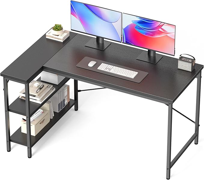 DUMOS 55 Inch L Shaped Desk Corner Computer Gaming Desks Home Office PC Table for Writing Working Study Bedroom with Reversible Storage Shelves, Black