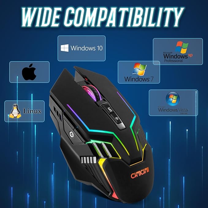 CHONCHOW Wireless Gaming Mouse for PC, RGB Backlit, 12 Light Modes, 2.4G Receiver/USB-C, Up to 3200 DPI, Rechargeable Wireless Computer Mice with 58inch Charge Cable for Laptop/Windows/PS4 Gamer-Black