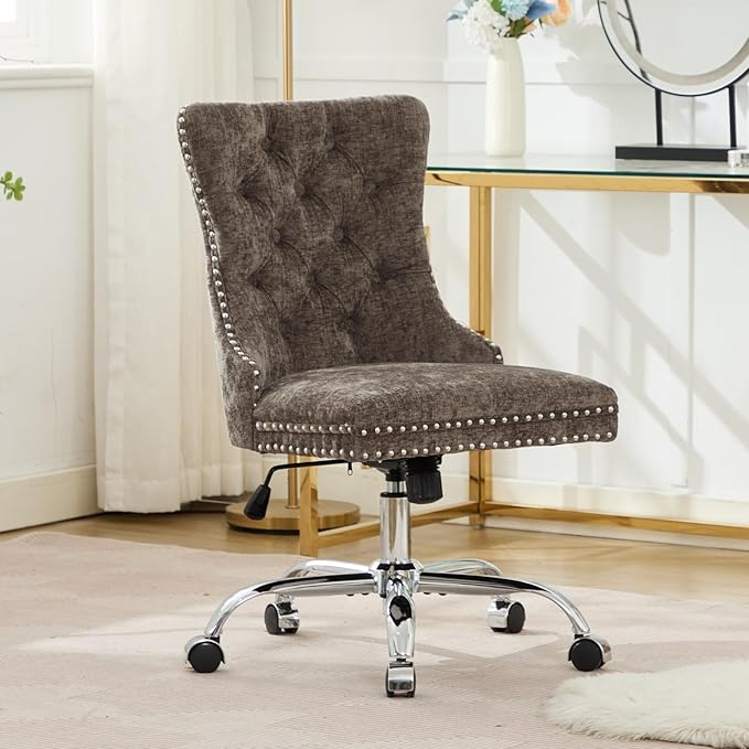 Goujxcy Desk Chair, Modern Chenille Upholstered Tufted Button Home Office Chair, 360° Swivel Armless Desk Chairs, 120°Rocking Ergonomic Computer Task Vanity Chairs, Gray
