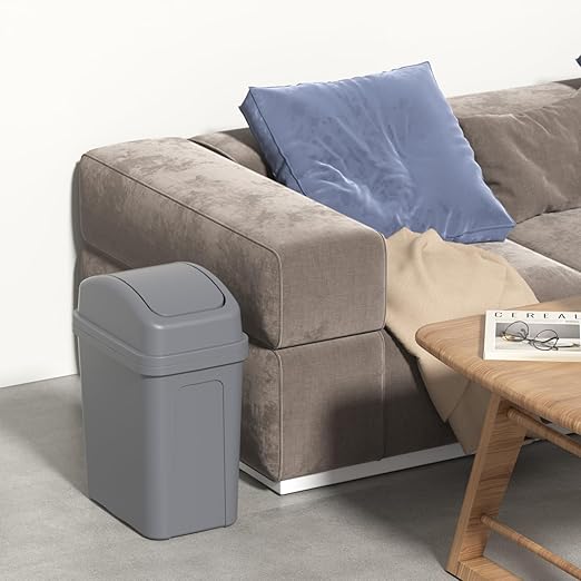 1.8 Gallon Plastic Swing Top Lid Trash Can, Small Waste Bin with Swing Lid, Grey